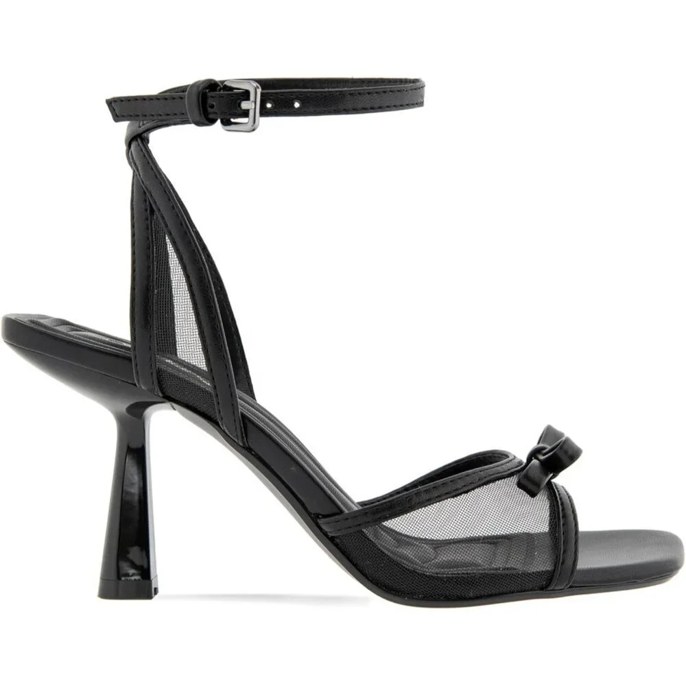 Women's Black Buckle Rino Flared Padded Footbed Heeled Sandal Square Toe Shoes - Picture 2 of 7